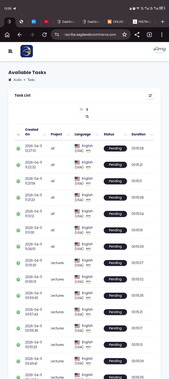 Available transcription tasks on the platform