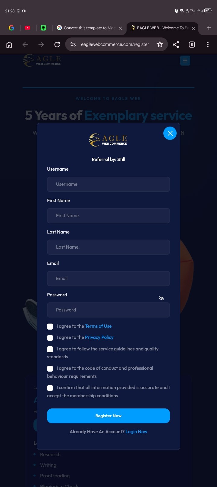 Eagle Web Commerce registration page